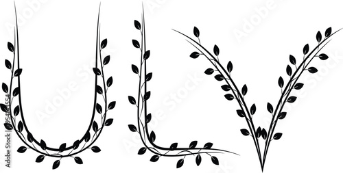 Elegant Decorative Alphabet Letters U L and V Featuring Black Leafy Vines and Botanical Branches Ornamentation for Monograms Wedding Invitations and Personalized Floral Logo Design Projects.