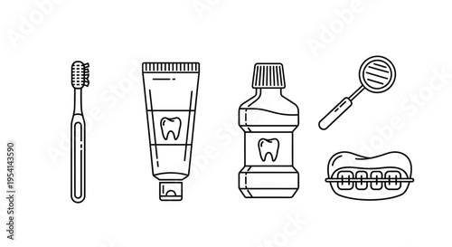 Toothbrush, toothpaste, mouthwash, dental mirror, and dentures on a table