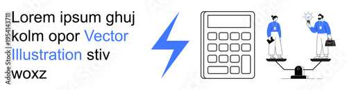 Financial planning, business strategy, decision-making, fairness, innovation, teamwork. A calculator, a lightning bolt and a scale balancing two individuals. Business strategy and decision-making