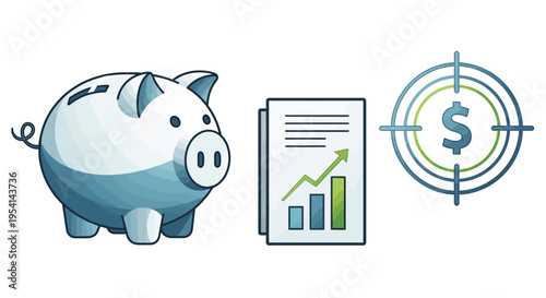 A cartoon piggy bank with a document and a target on dollar sign nearby