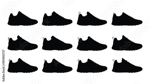 A collection of twelve black shoe silhouettes arranged in three rows