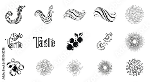 Blackberries and taste buds illustrated in various artistic designs on white