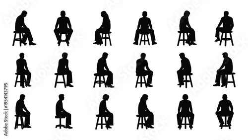 Silhouette of a person sitting on a stool in various positions
