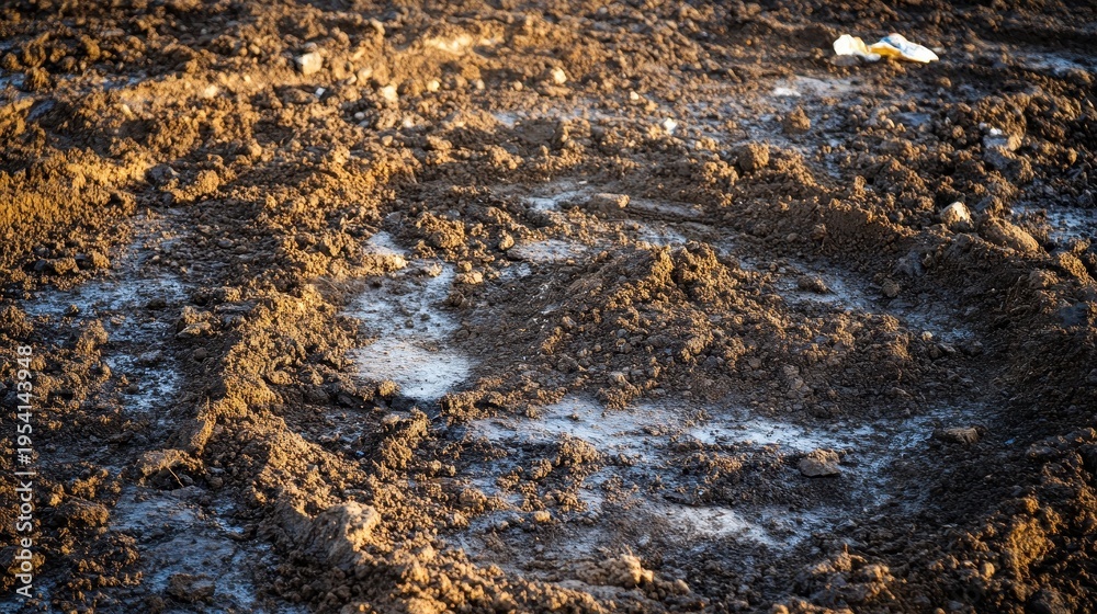 Fototapeta premium Close-up view of contaminated soil with chemical runoff and scattered waste under bright daylight