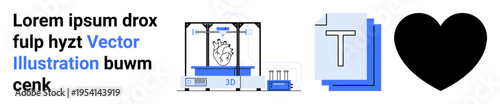 Technology, 3D printing, digital documents, design creativity, content creation, innovation. 3D printer with heart model, stacked text files and a heart symbol. Technology and 3D printing concepts