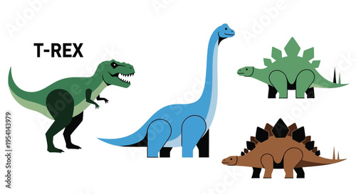Three dinosaurs, T-REX, blue long-necked dinosaur, and green spiky dinosaur, standing together.