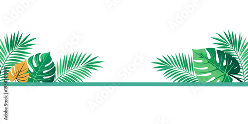 Exotic tropical palm and monstera leaf border design, vector