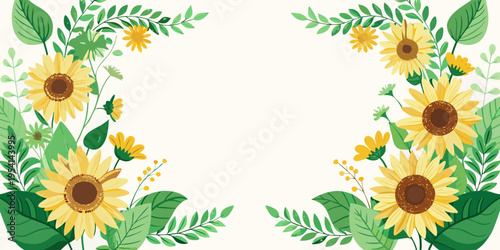 Sunflowers and green leaves border frame, vector