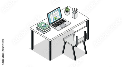 An isometric view of a desk with a laptop, chair, books, and office supplies in a modern workspace.