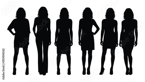 Silhouettes of six women in dresses standing in a row