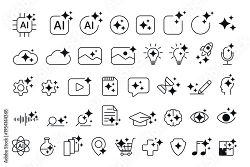 Modern generative AI icon logo symbol collection featuring artificial intelligence, music, image, magic, sparkle stars, creative technology elements, isolated on white background vector illustration