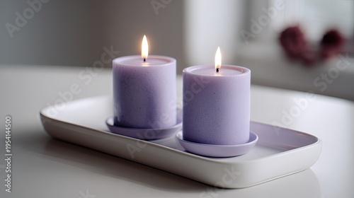 Minimalist Purple Candle Pair On Tray Interior Decor