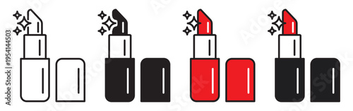 Lipstick icon set in line and solid styles with editable stroke, isolated on transparent background. Minimal cosmetic symbols for beauty apps, makeup packaging, salon branding, websites