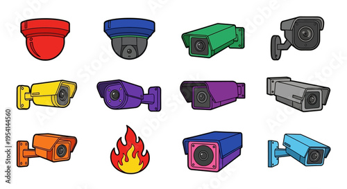 Colorful security cameras and fire icon.