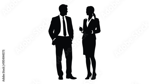 Silhouette of a man and woman in business attire standing together