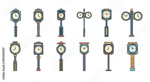 Collection of various old fashioned clocks.