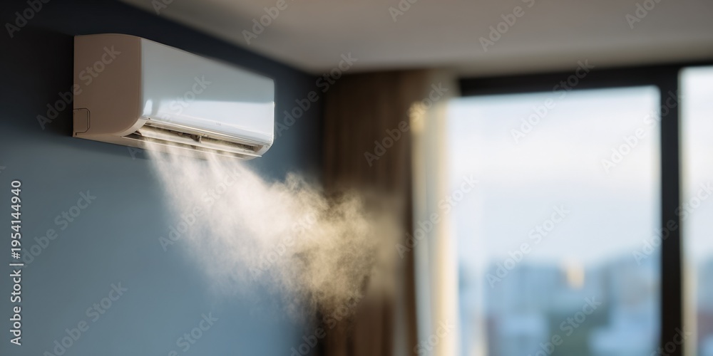 Naklejka premium White splitunit airconditioner vapor near window with urban view and warm interior lighting
