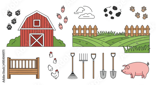 Farm scene with barn tools and animals in a green landscape