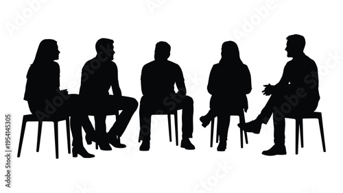 Silhouettes of five people sitting on chairs in a meeting or discussion setting