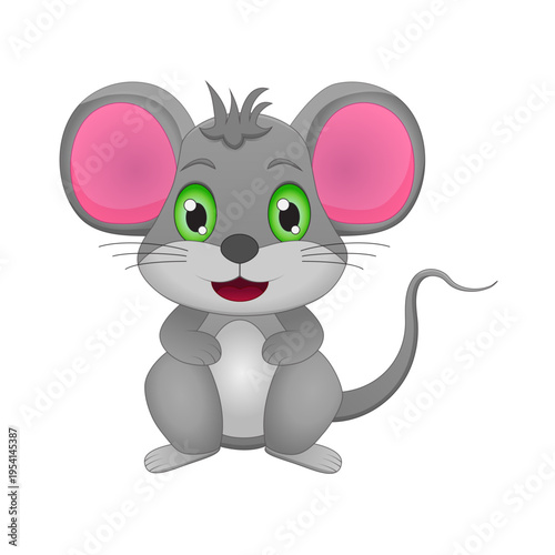 Cute Smiling Cartoon Mouse with Green Eyes Front View Illustration