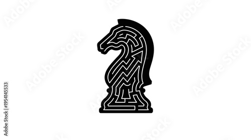 Minimalist Business Strategy Concept: Double Exposure Chess Knight Silhouette with Maze and Growth Arrow Line Art Vector