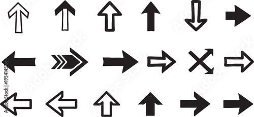 Collection of various black and white arrows on a white background