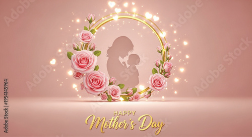A Mother's Day celebration with a silhouette of a mother and child surrounded by flowers and sparkles.