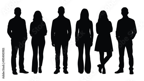 Six black silhouettes of people standing in a row on white background