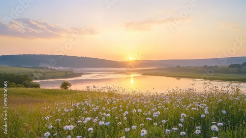 Golden sunrise illuminates a tranquil river landscape flowing through fields of blooming daisies