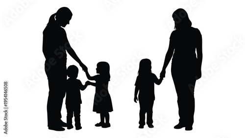 Silhouette of a same sex couple with two young children
