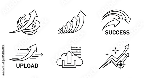 Business icons illustrate success and upload concepts with arrows and graphs