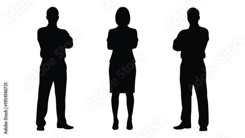 Three black silhouettes of business professionals standing with arms crossed
