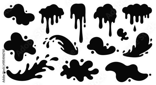 Black ink splatters and drips on a white background create messy artwork