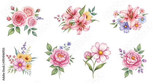 Pink watercolor flower bouquet png delicate blossom isolated transparent background image