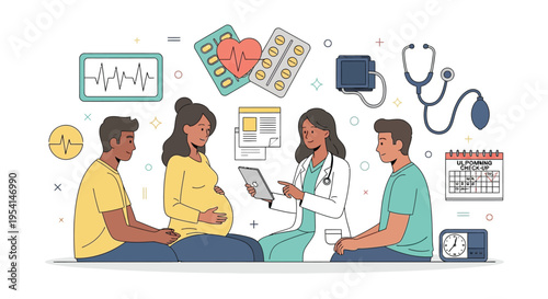 Expectant couple meets doctor discussing pregnancy and health