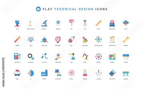 Engineering, industrial infrastructure development using science research, robots color icon set. Engineers planning and drafts, digital process automation with AI flat elements vector illustration