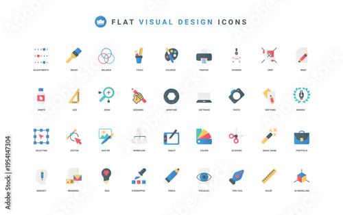 Digital art design, idea and equipment for designers, portfolio and artists mindset color icon set. Software, pencil scissors pen tools to edit graphic design flat elements vector illustration