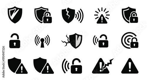 Collection of various security icons and symbols on a white background