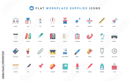 Office stationery and employee workplace supplies color icon set. Chair and workers briefcase, folder with documents and desk lamp, paper notebook and pencil flat elements vector illustration