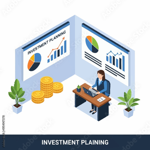 Isometric illustration of investment planning with a woman at a desk.