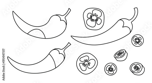 An illustration of various chili peppers and sliced peppers on a table