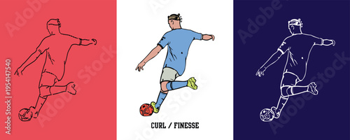 Football Player Curl, Finesse shot Style Position silhouette Vector Illustration Abstract Editable image
