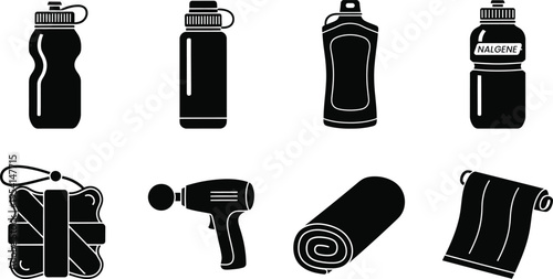 Silhouette icons set of everyday objects including water bottles yoga mat hair dryer and towel