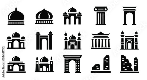 Various iconic architectural landmarks and structures are depicted in silhouette.