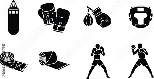 Silhouette icons set for boxing and martial arts training equipment