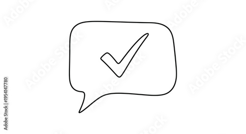 A simple line drawing of a speech bubble with a checkmark inside.