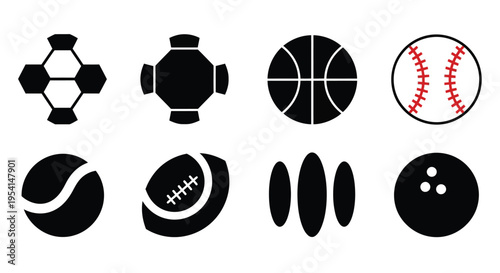 Various sports icons including soccer ball, boxing glove, basketball, baseball, tennis ball, American football, and bowling pin are arranged.