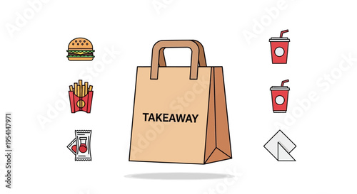 Takeaway food bag with meal icons.