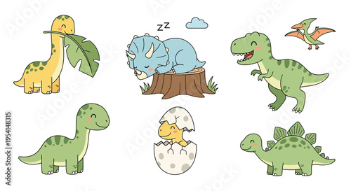 Dinosaurs play together outside in a prehistoric landscape with trees.