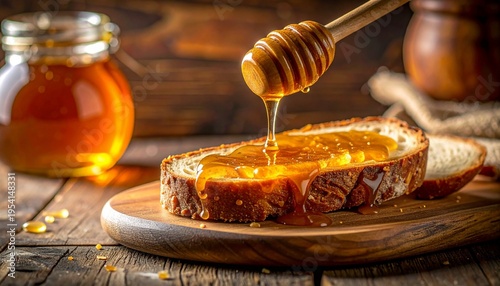 Honey dripping on fresh bread slice with golden texture